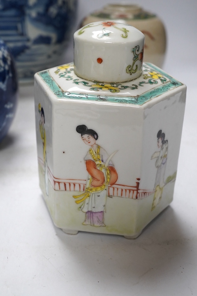 Five various Chinese jars, one with cover and a tea caddy and cover, tallest 21cm. Condition - good, one lid stuck to jar